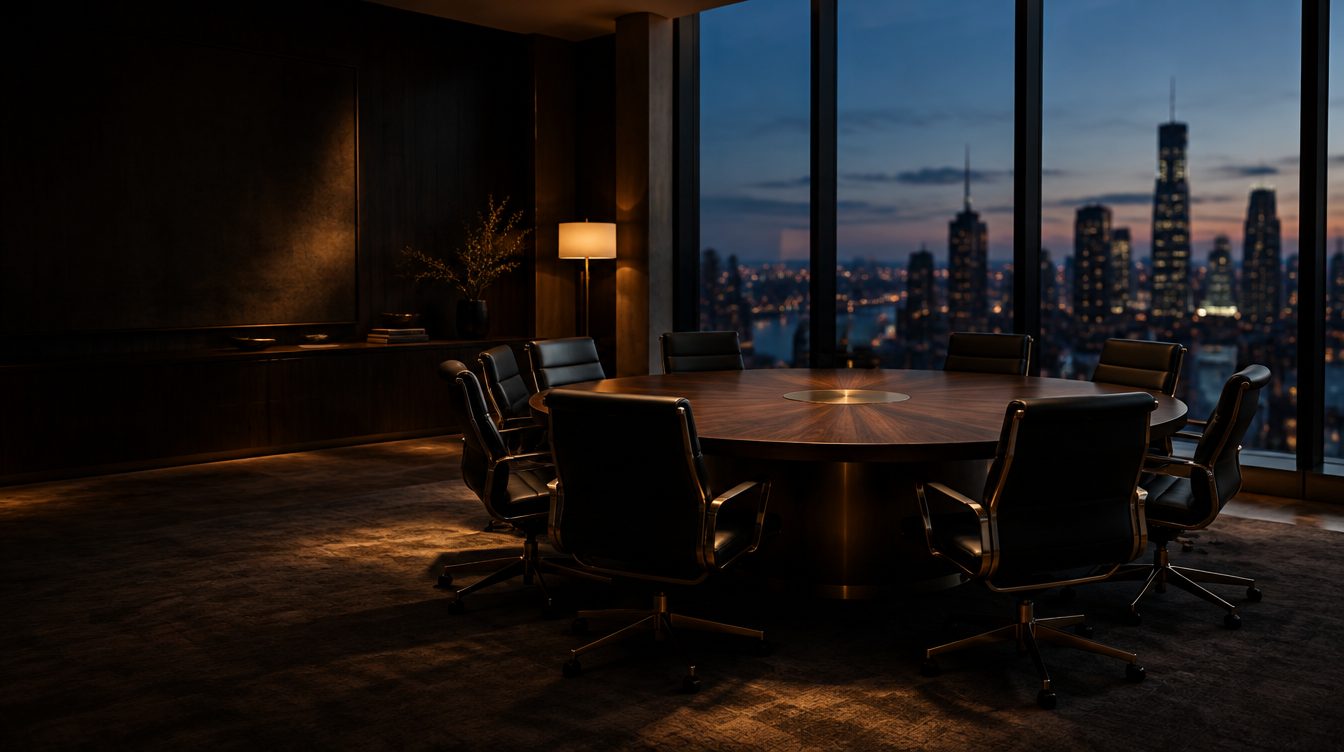 An empty boardroom overlooking the city at dusk